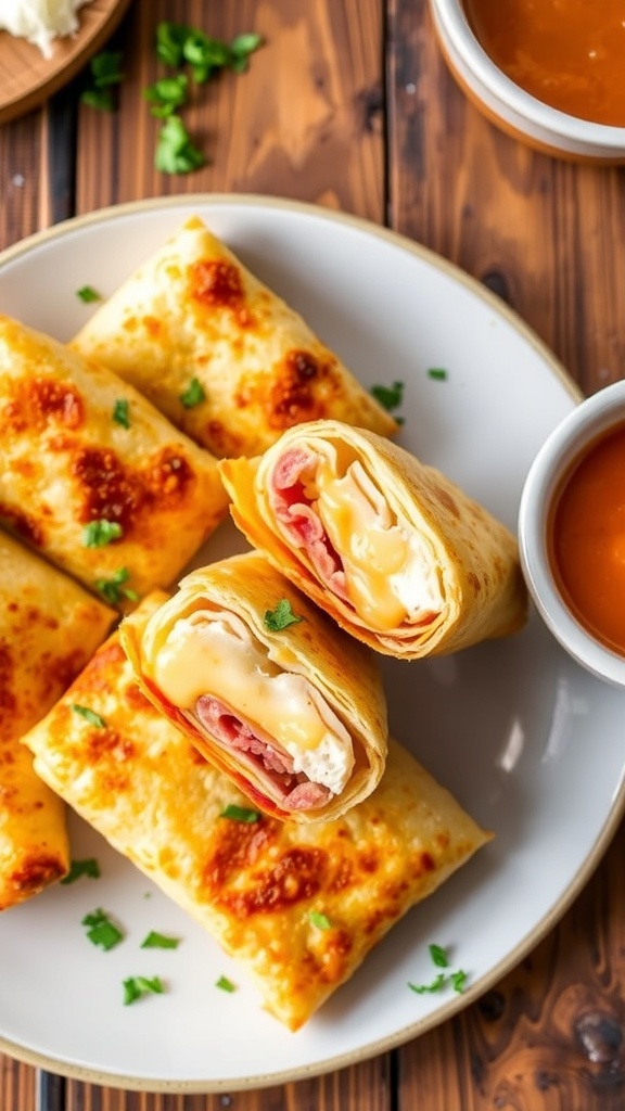 Crispy Air Fryer Chicken Ham and Cheese Wraps Crispy air fryer chicken ham and cheese wraps, sliced to show filling, with dipping sauce on a rustic table.